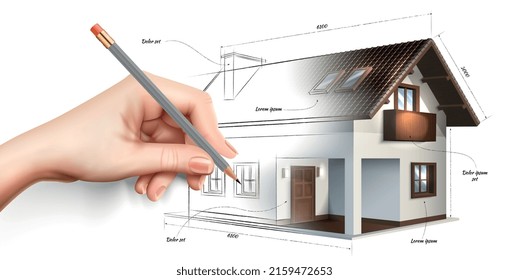 Composición de dibujo de casa moderna y realista con símbolos de dibujo a mano ilustración vectorial