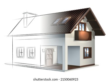 Realistic modern house drawing with windows and balcony vector illustration