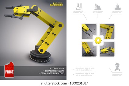 Realistic modern industrial concept with mechanical robotic manipulator and oil industry icons vector illustration