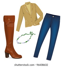 Realistic modern jacket, jeans, high boot and necklace, isolated on white.