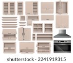 Realistic modern kitchen interior furniture elements set with cooker exhaust hood and empty cupboards and shelves isolated vector illustration