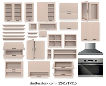 Realistische, moderne Möbelelemente aus der Küche, die mit Kochabzugshaube und leeren Schränken und Regalen ausgestattet sind, einzelne Vektorgrafik