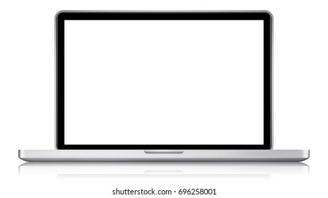 Realistic modern laptop computer with blank screen and reflected shadow isolated on white background