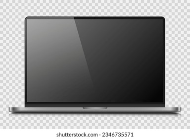 A realistic, modern laptop with a dark silver case. A laptop layout with an empty dark gray screen on a transparent background. Vector illustration.
