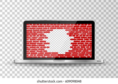 Realistic modern laptop isolated. Broken brick wall concept background. Vector illustration
