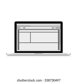 Realistic modern laptop with web design on screen isolated on white background. Vector illustration