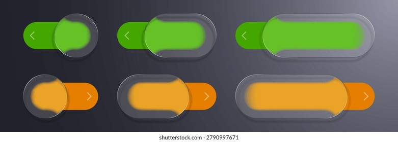 Realistic modern liquid glass morphism slider or switch ui button set. Three types of green and orange color glass toggles for web and mobile application