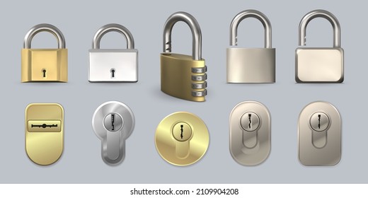 Realistic modern metal and golden safe locks and door keyholes. 3d code padlock with number combination. Secure key hole and lock vector set. Different stainless elements for house