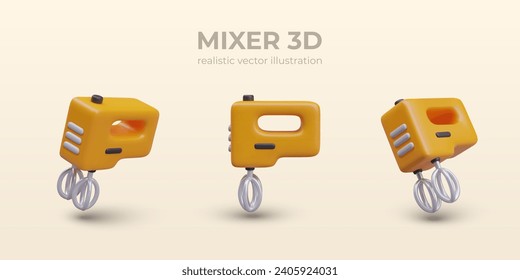 Realistic modern mixer in different positions. Poster with appliance for cooking in kitchen. Home equipment concept. Vector illustration in 3d style with place for text and yellow background