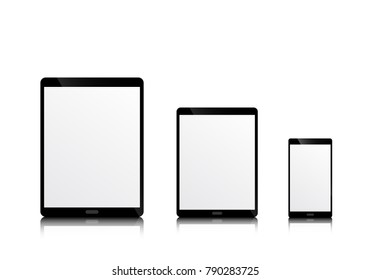 Realistic modern mobile device mockup isolated on white background. PC blank screen. Monitor with empty display. Copy space on device. smart phone and tablet computer template.