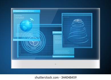 Realistic modern monitor with technology media software symbols. Vector illustration