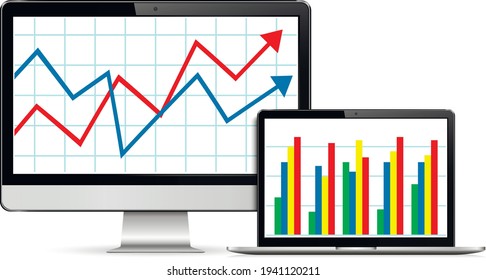 Realistischer moderner Monoblock-Computer und Laptop mit Graph auf dem Bildschirm
