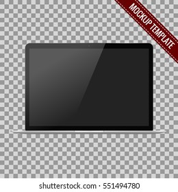 Realistic modern open laptop with blank screen isolated on transparent background, mockup template. Vector illustration EPS10, black and silver color scheme.
