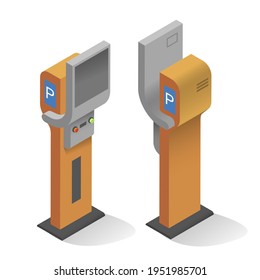 Realistic modern parking meter front and back view vector illustration isometric style. Kiosk or machine for payment with screen isolated. Street payment security of exit entry transportation traffic