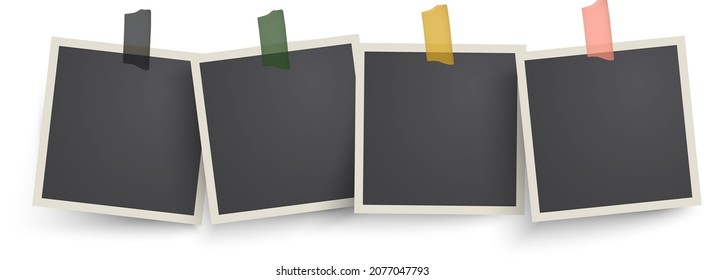 realistic modern photo frames glued on tape. Taped on photo mockup design. Grunge gray background. Vector illustration