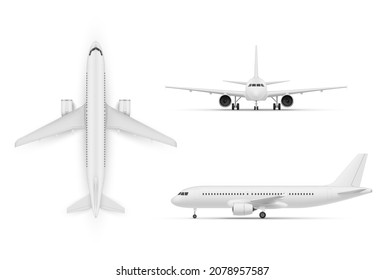 Realistic modern plane civil aviation transportation carrying passenger vector illustration. Flying airplane, jet aircraft, airliner front, top and side view isolated. Detailed vehicle with turbine