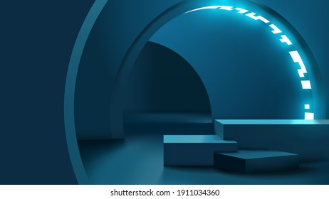 Realistic modern platform or podium scene for product presentation template. sci fi neon glowing futuristic corridor vector illustration