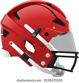 Realistic modern red American football helmet with safety glass, back mask and chin strap. Side view