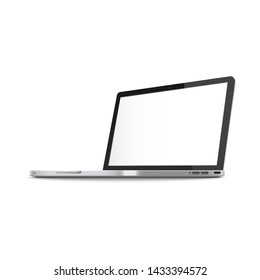 Realistic modern silver metal computer notebook or laptop blank monitor screen 3d vector illustration isolated on white background. Digital display mockup template.