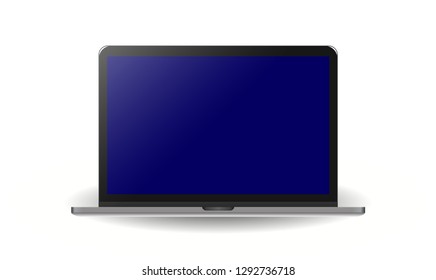 Realistic modern silver metal notebook isolated on white background. Digital dark blue display mockup template. Vector illustration