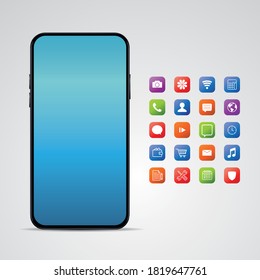 Realistic, modern, smart phone collection with apps and colorful screens on isolated background.