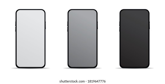 Realistic, modern, smart phone collection with grey and black screen on isolated background.