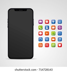 Realistic, modern, smart phone collection with colorful apps on isolated background.