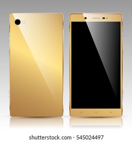 Realistic Modern Smart Phone in Gold Color with Black Screen and Shadow. Back and Front View. 3D Vector Rendering