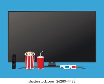Realistic modern smart tv, remote control, popcorn bucket, soda cup and glasses