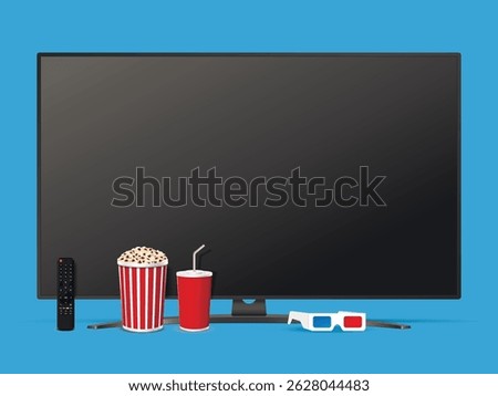 Realistic modern smart tv, remote control, popcorn bucket, soda cup and glasses