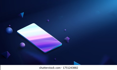 Realistic Modern Smartphone on dark blue background. Floating Blue Geometric Virtual Reality. Modern Innovative Technology