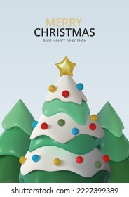 Realistic modern snow covered Christmas tree with decorations and a star. Poster, postcard for events celebrating New Year and Christmas. Vector illustration