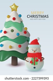Realistic modern snow covered Christmas tree and snowman with gift. Poster, postcard for events celebrating New Year and Christmas. Vector illustration