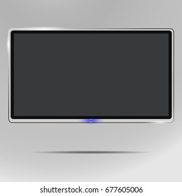 A realistic Modern stylish LCD panel, LED type. A model of a large computer and TV screen. Empty TV template. Element of graphic design for catalog, website, as a layout. Illustrations.