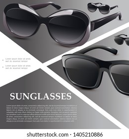 Realistic modern sunglasses template with black elegant eyeglasses with plastic rims on gray background vector illustration