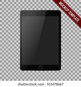 Realistic modern tablet computer with blank screen isolated on transparent background, mockup template. Vector illustration EPS10, black color scheme.
