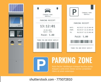 Realistic modern terminal for paying for car parking and parking receipt. Vector illustration