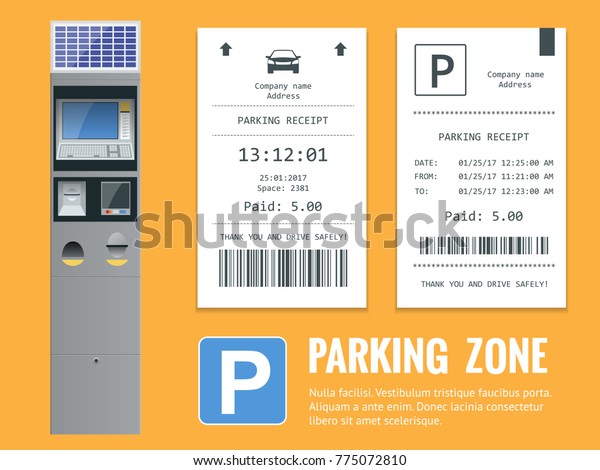 Realistic modern terminal for paying\
for car parking and parking receipt. Vector\
illustration