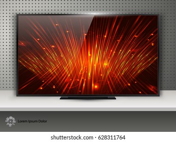 Realistic Modern TV with Gold Technology Screen LCD on Metal Background. LED Wide Display. Can Use for Template Presentation. Electronic Gadget, Device Mockup. Stylish Television. Vector Illustration.