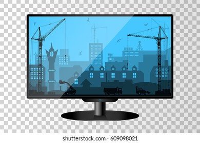 Realistic modern TV monitor isolated. City under construction background. Vector illustration