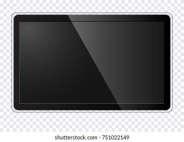 Realistic modern TV screen. Black blank screen lcd, led, isolated on transparent background. Graphic design element, mock up. Vector illustration