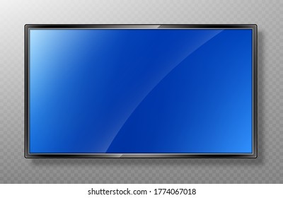 Realistic modern TV screen mockup. Lcd panel isolated on transparent background. Led monitor display. Blank television template. Vector realistic illustration