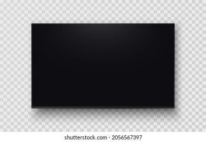 Realistic modern TV screen with shadow on transparent background. Modern blank screen lcd, smart led. Mockup template for your design. Wide empty and thin frame. 3d Vector illustration