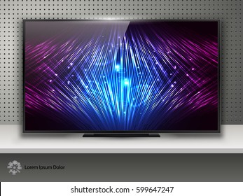 Realistic Modern TV with Technology Screen LCD on Metal Background. LED Wide Display. Can Use for Template Presentation. Electronic Gadget, Device Mockup. Stylish Television. Vector Illustration.