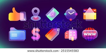 Realistic modern ui icons in glassmorphism style. 3d frosted social media icon set of map location, folder, price tag, clock and homepage for website or mobile app on blurred neon gradient background