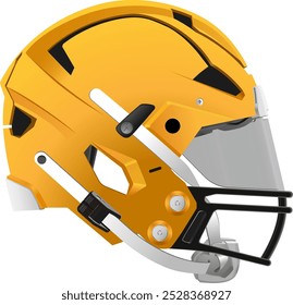 Realistic modern yellow American football helmet with safety glass, back mask and chin strap. Side view