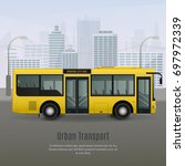 Realistic modern yellow city bus with light glass tinting on grey background with urban landscape vector illustration