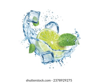 Realistic mojito drink with lime fruit, ice cubes, splash and mint leaves. Cold and refreshing summer drink, mojito lemonade beverage isolated vector splash with ice, water wave, lemon slice and leaf