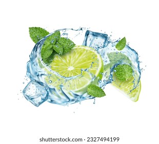 Realistic mojito drink splash, lime fruit, mint leaves and ice cubes. 3d vector swirl with green citrus half, water drops and frozen blocks. Dynamic liquid flow, tea, cocktail refreshing beverage