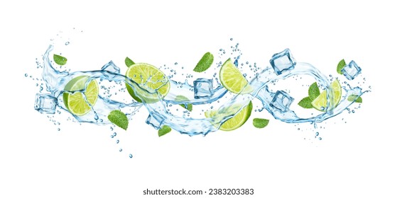 Realistic mojito drink splash with water wave, ice cubes, lime and mint leaves. Refreshing cold cocktail, mojito with ice, green leaves and transparent liquid wave vector splash fizz or jet ripples